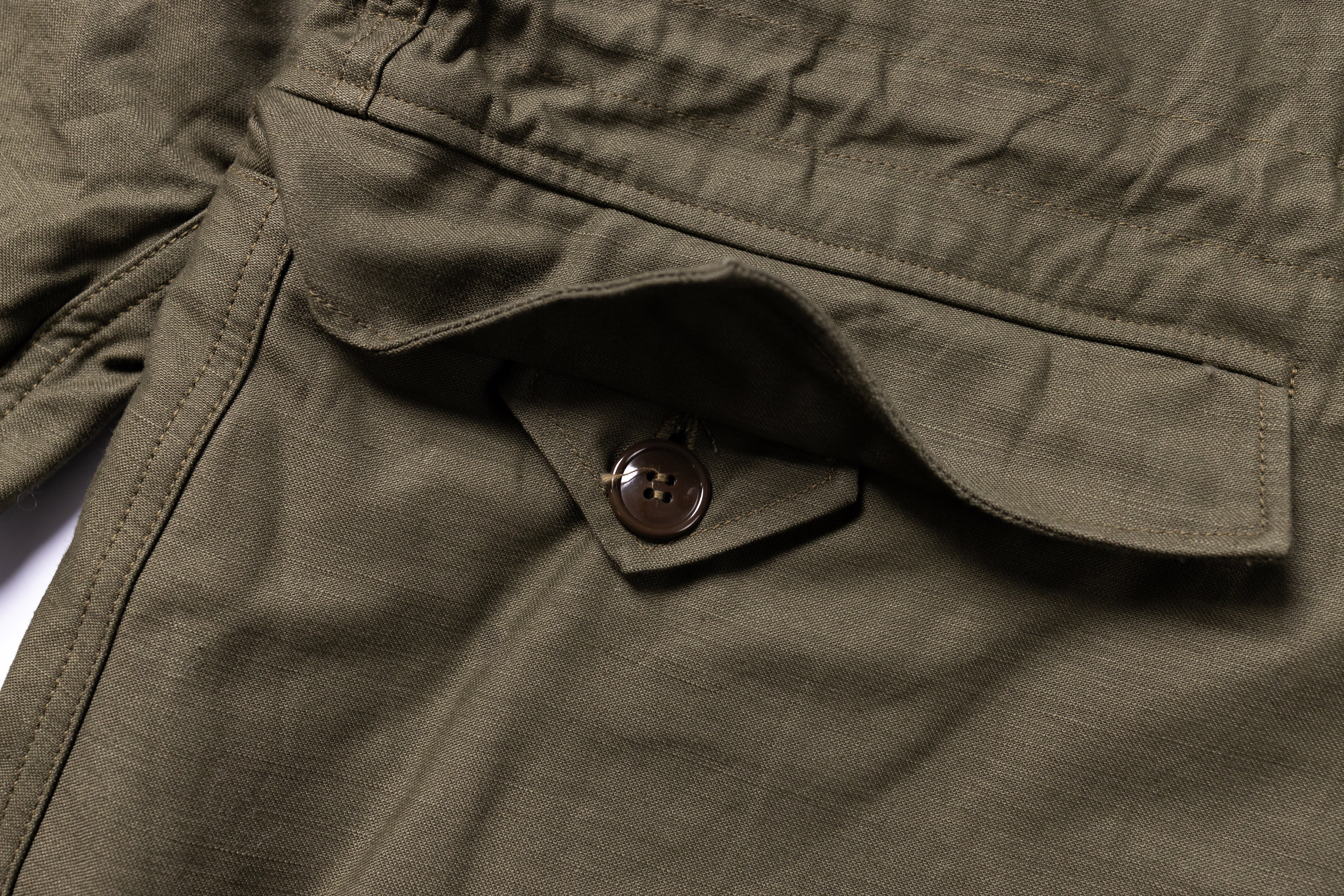 Close-up of a green jacket with a button on a white background
