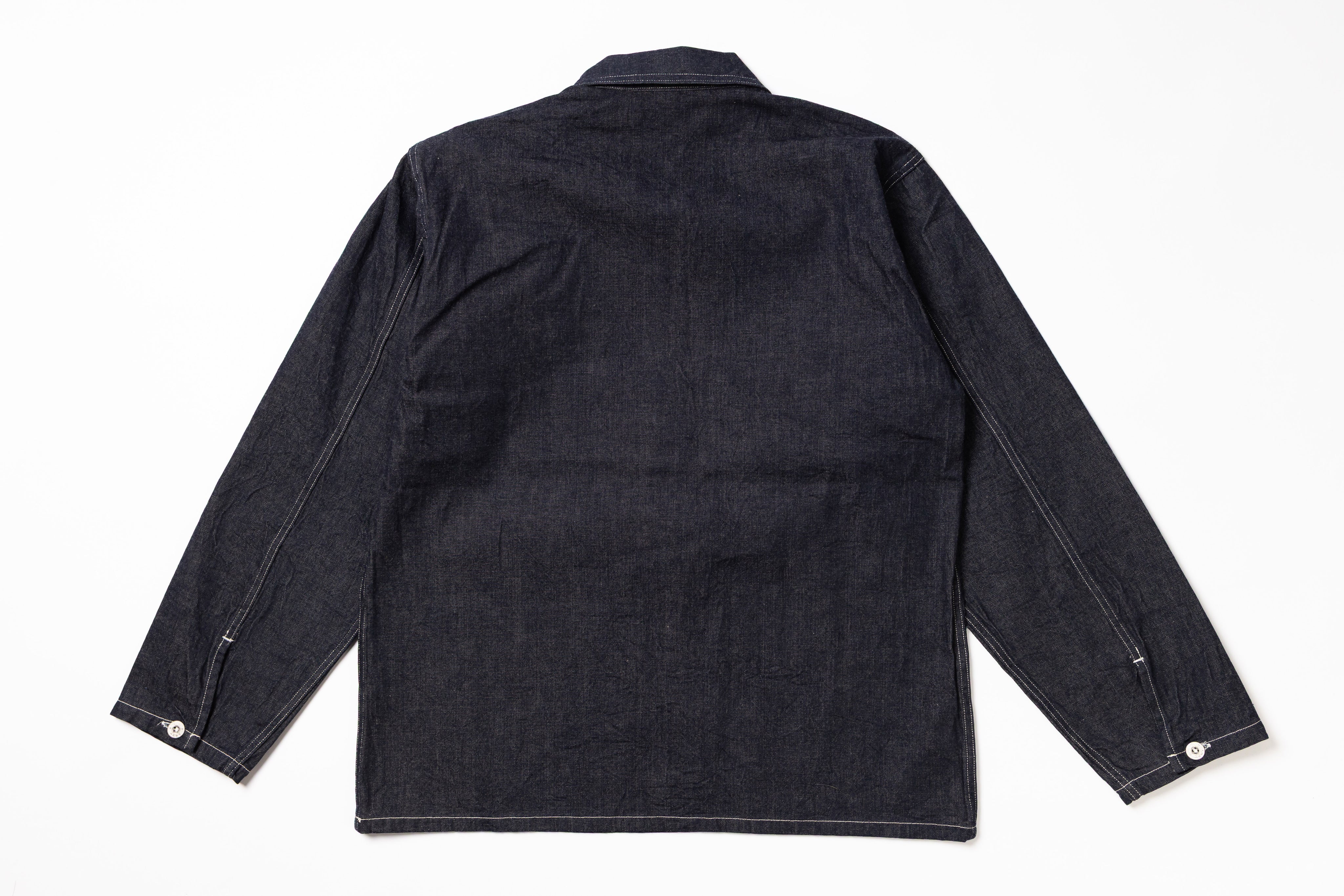 Black denim jacket on a white background