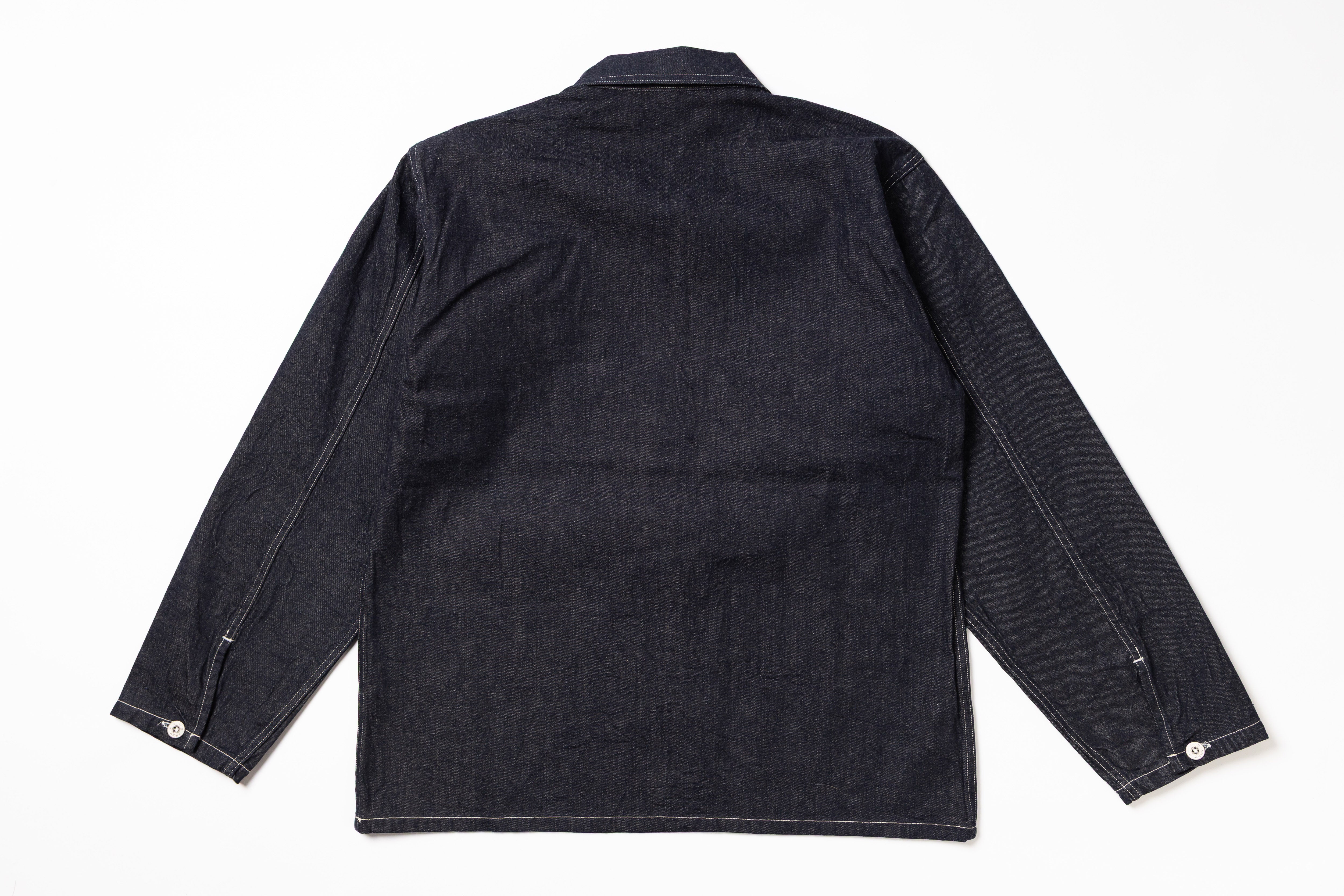 Black denim jacket on a white background