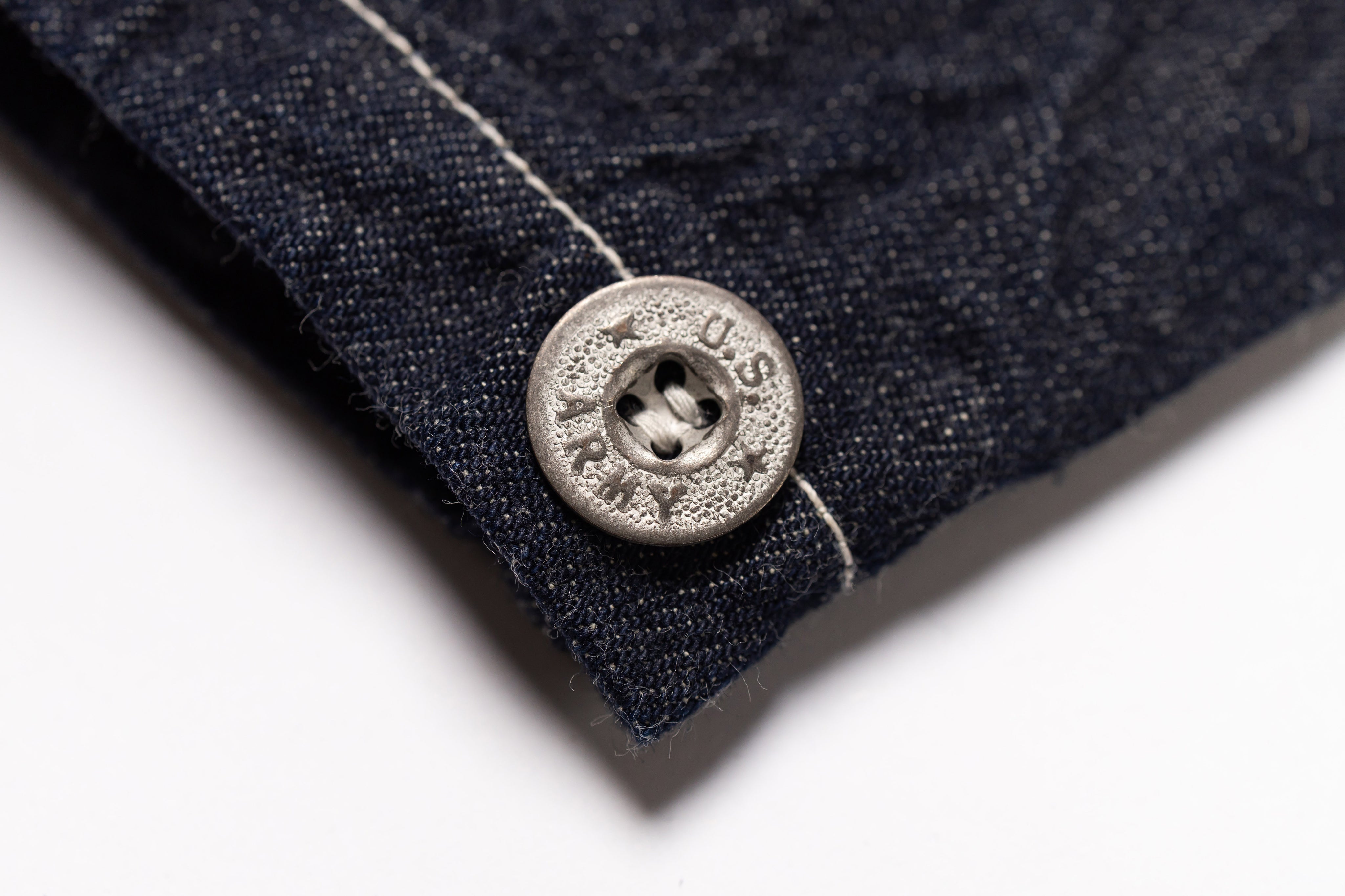 Close-up of a button on a denim fabric background