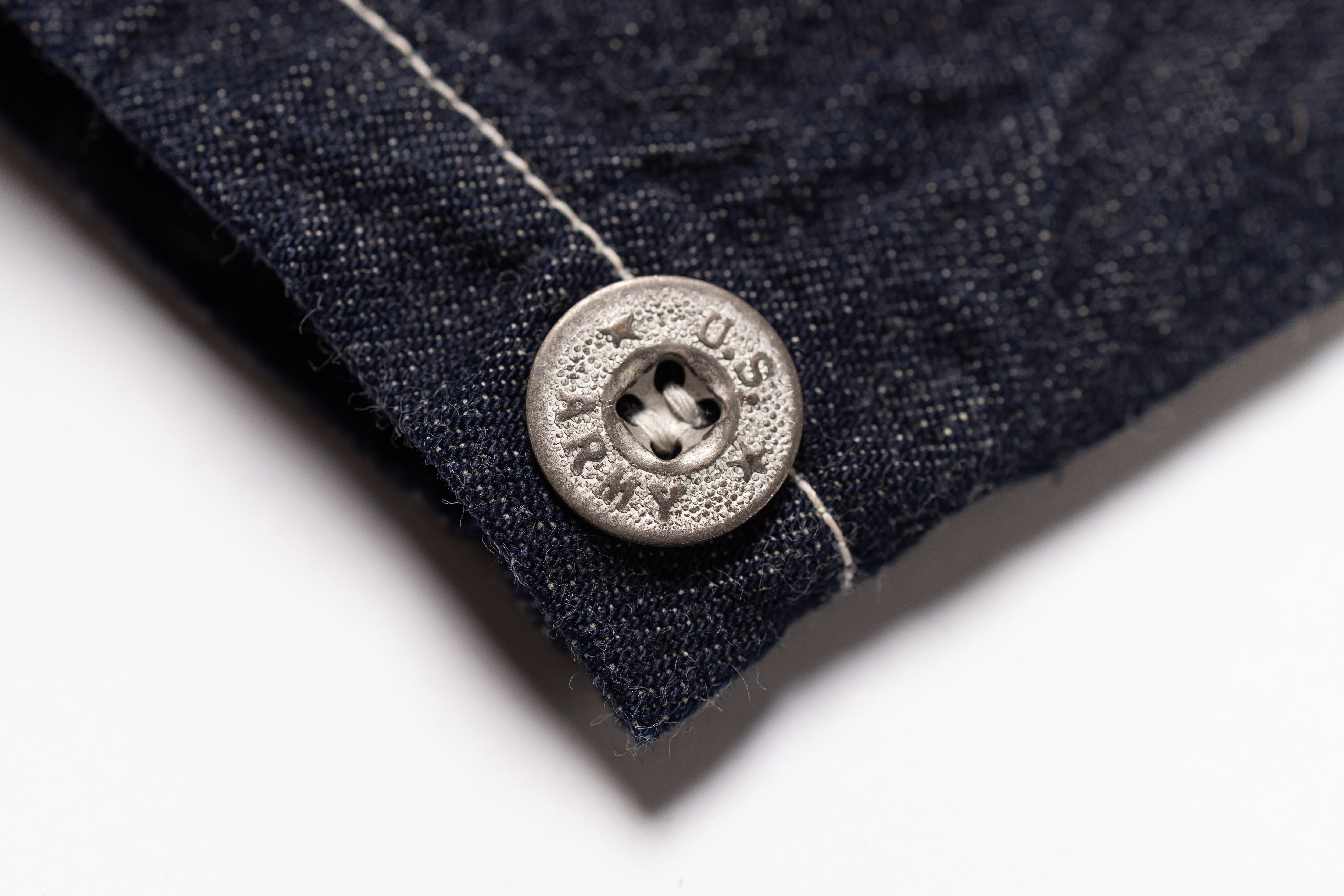 Close-up of a button on a denim fabric background