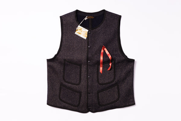 Black vest with a red logo on a white background