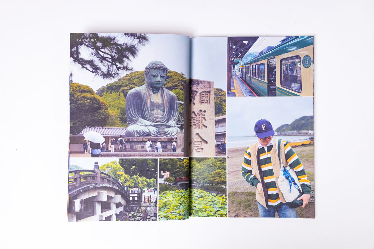An open photo book or magazine laid flat on a white background, showing a collage of travel photographs including a large Buddha statue, a train, a person outdoors, a bridge, greenery, and a coastal scene.