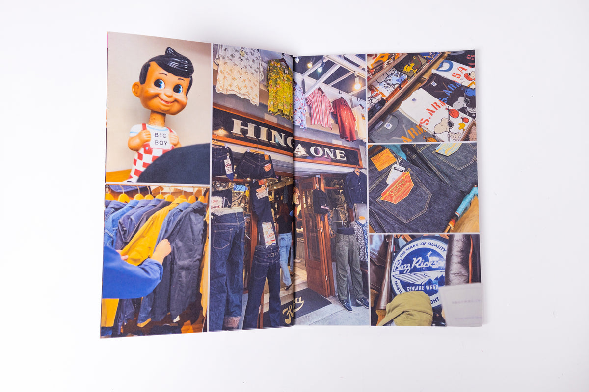 A folded printed collage or brochure laid flat on a white background, featuring multiple photos related to clothing and fashion, including denim, garments, a vintage doll, and storefront scenes.