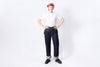 Person wearing a white t-shirt, dark jeans, and a red bandana on a white background
