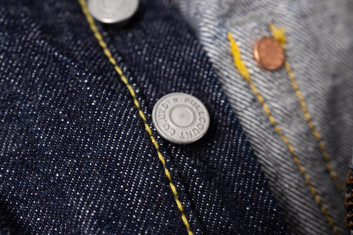 Close-up of denim fabric with buttons and stitching details