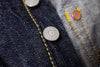 Close-up of denim fabric with buttons and stitching details