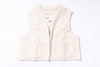 White quilted vest with text on a white background