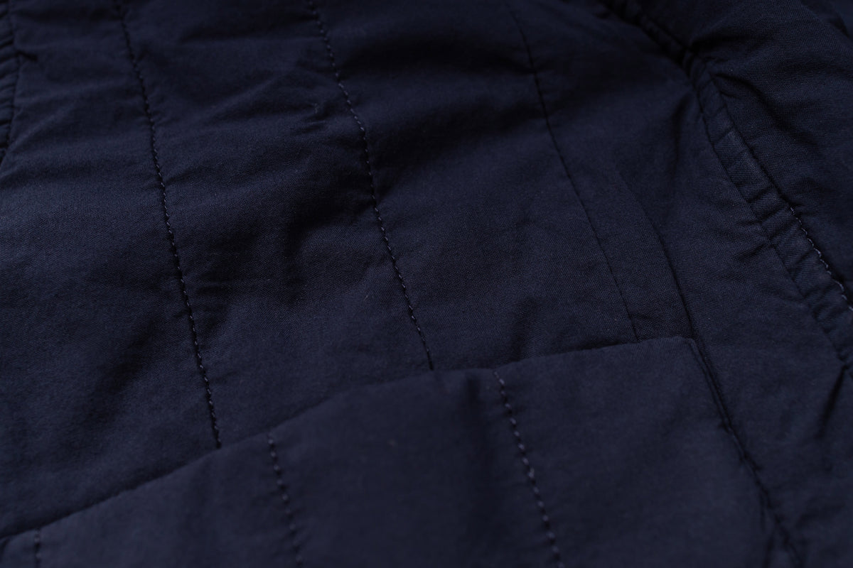 Close-up of a dark blue quilted jacket texture