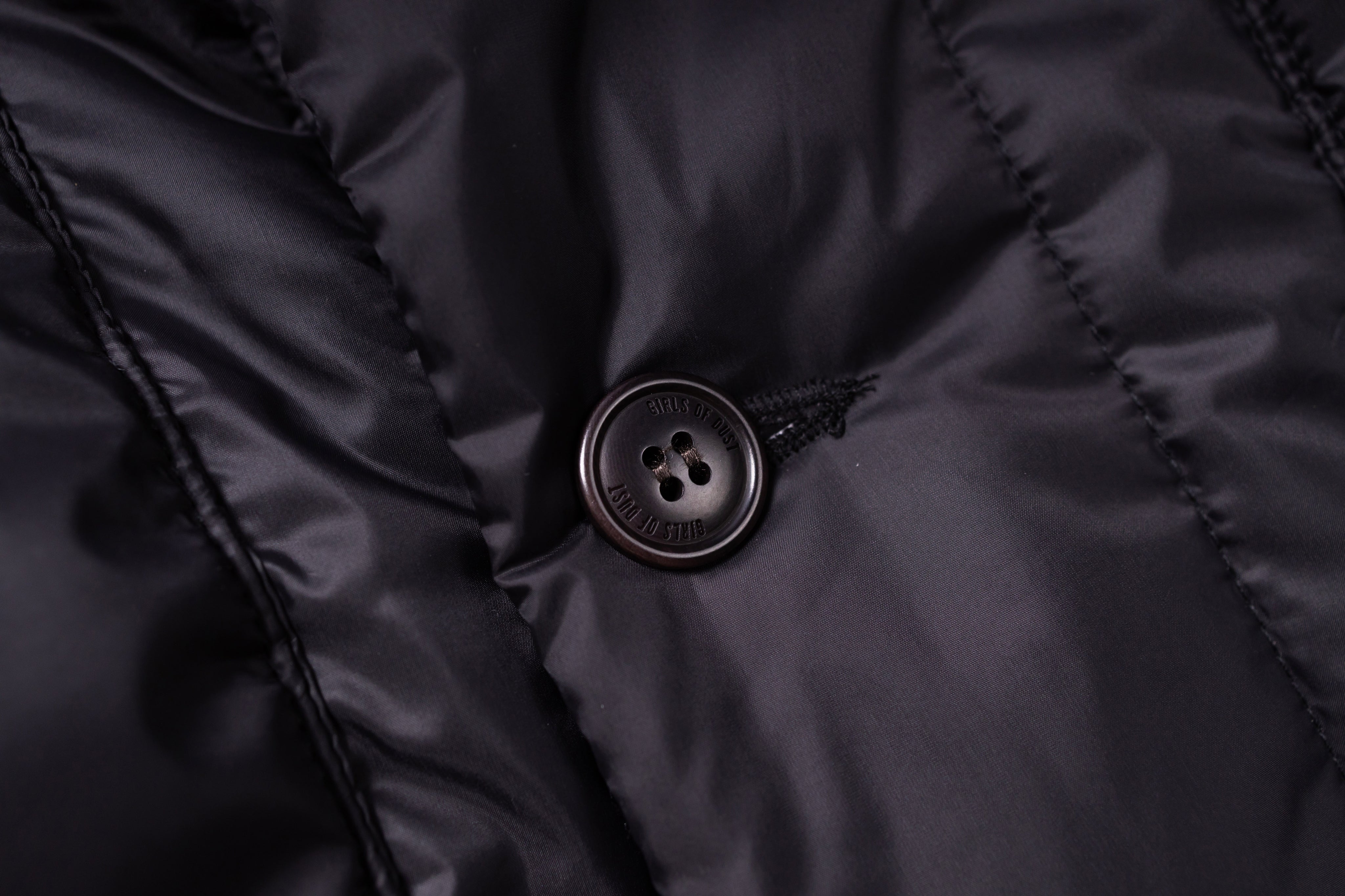 Close-up of a black button on a dark fabric surface