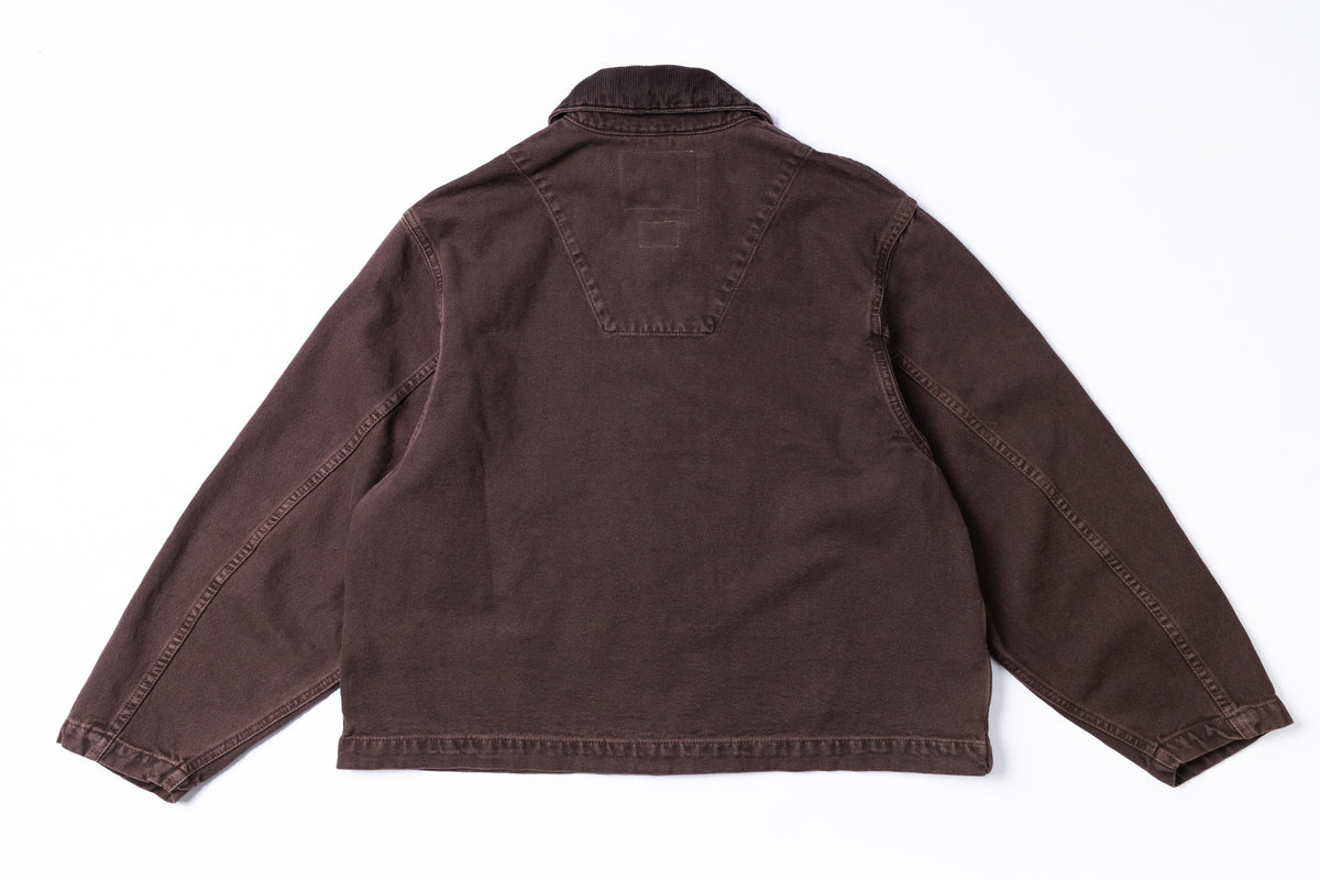 A dark brown corduroy jacket shown from the back, laid flat on a white background.
