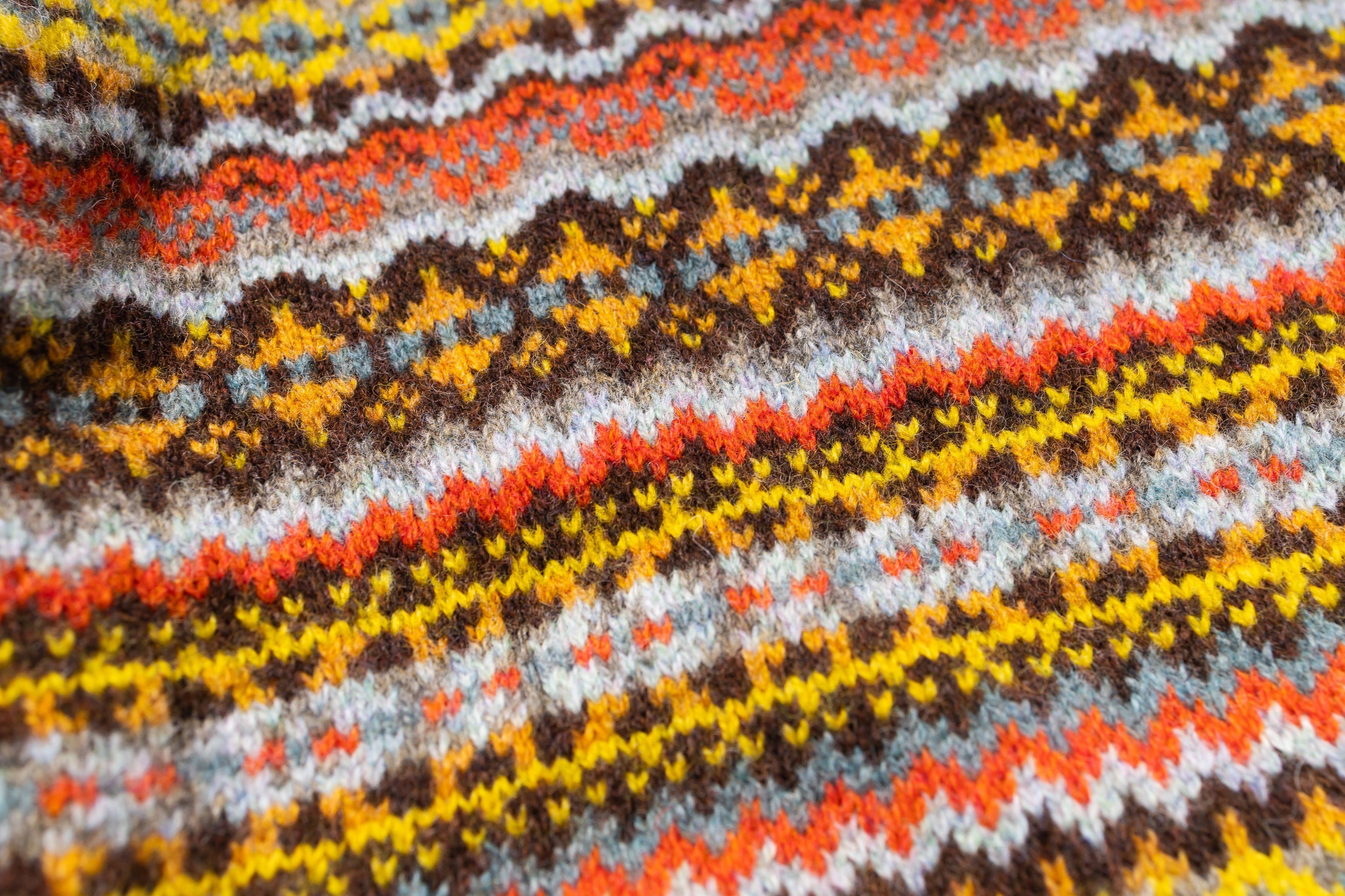 Close-up of a knitted fabric with a colorful pattern