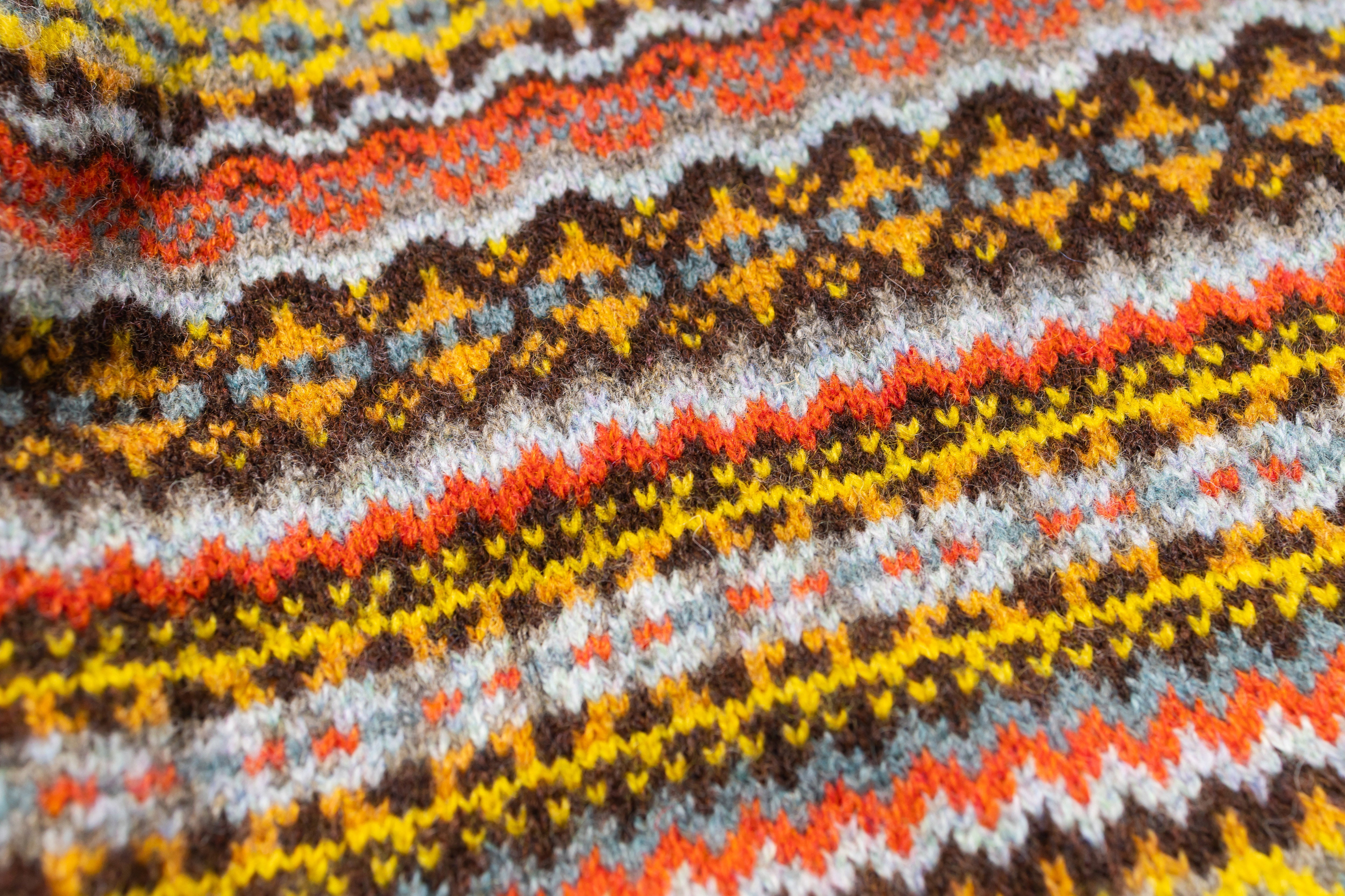 Close-up of a knitted fabric with a colorful pattern