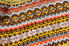 Close-up of a knitted fabric with a colorful pattern