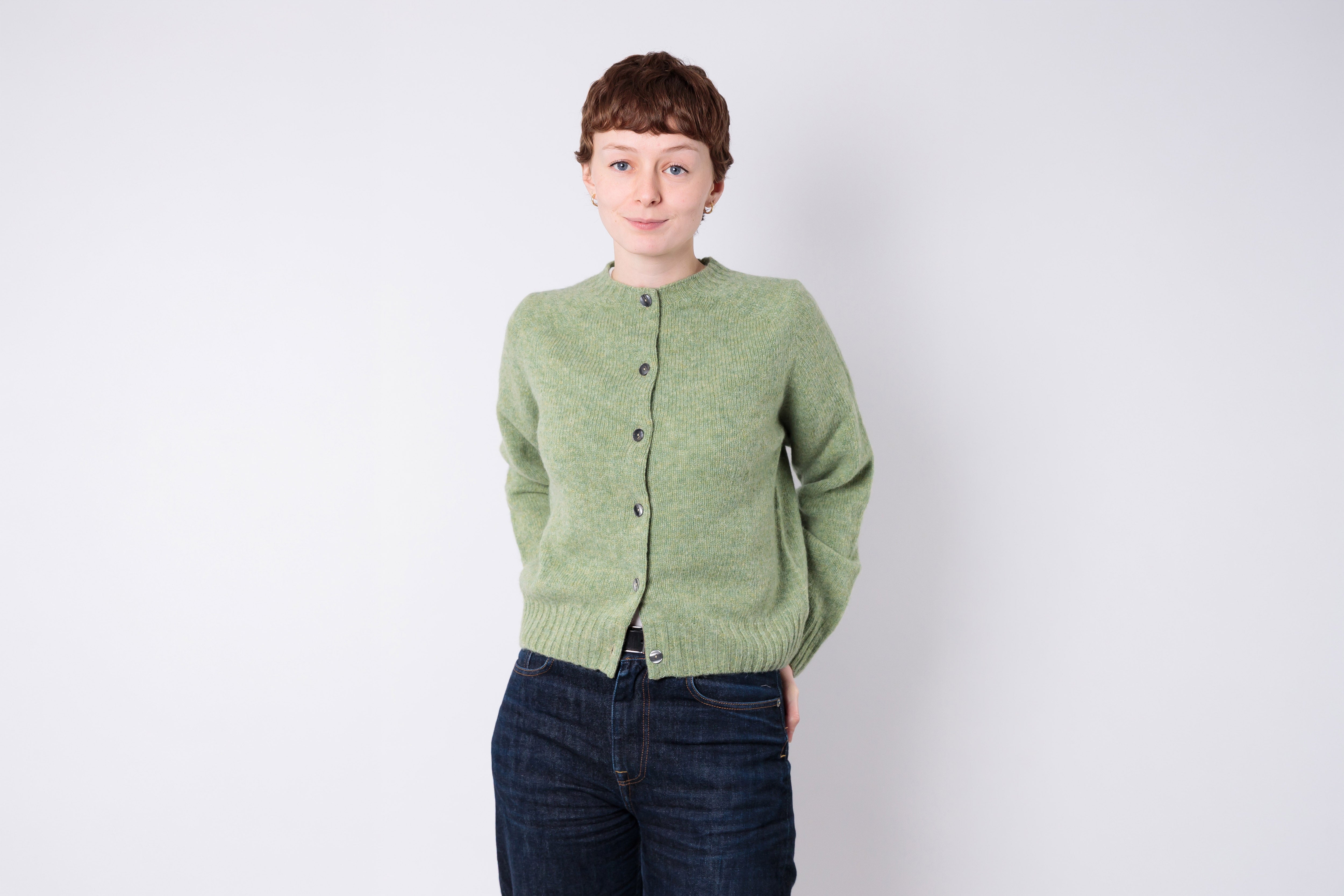 HARLEY OF SCOTLAND - Ladies Glenugie Soft Cropped Cardigan in Sage-3