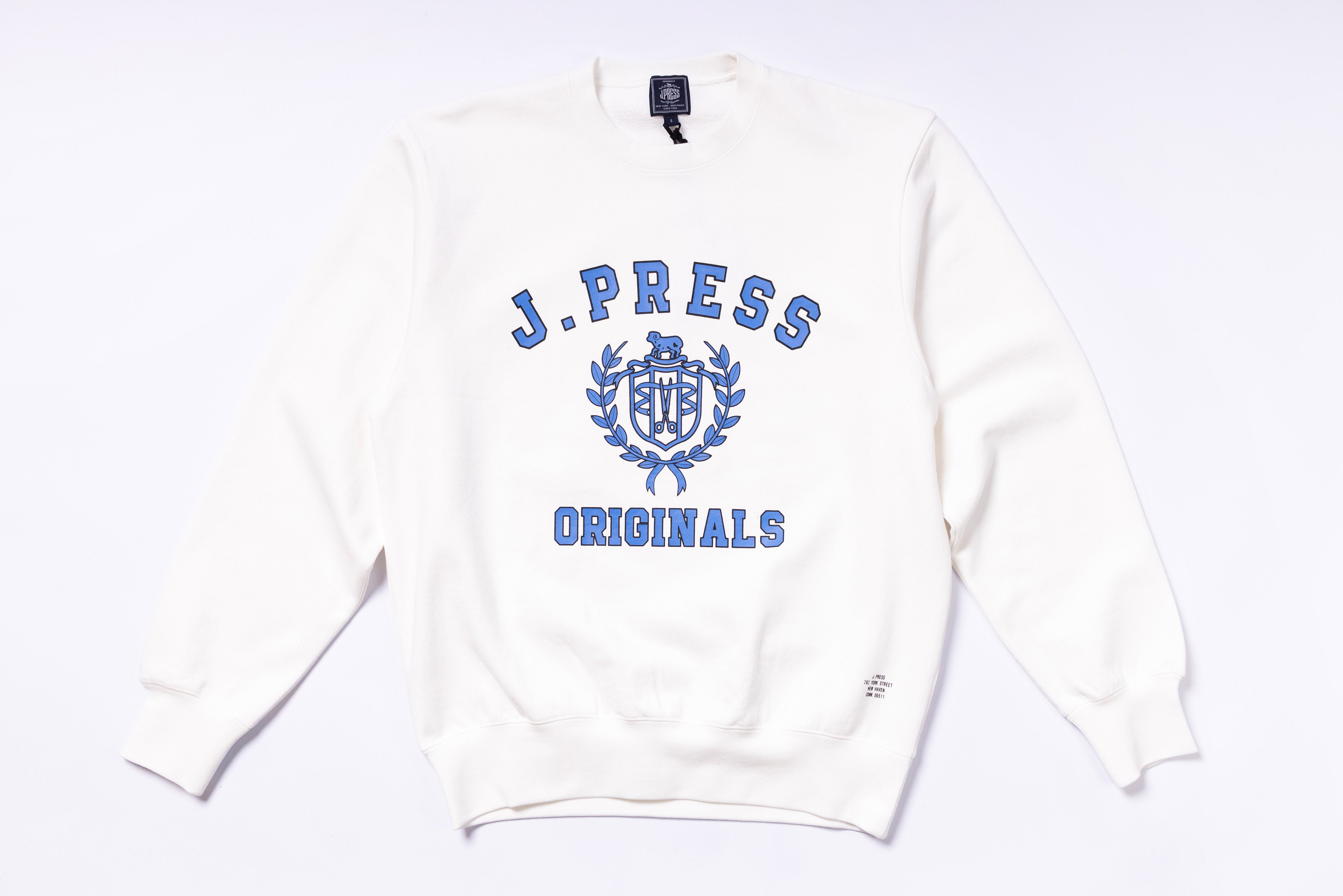 White sweatshirt with blue 'J. Press Originals' logo on a white background