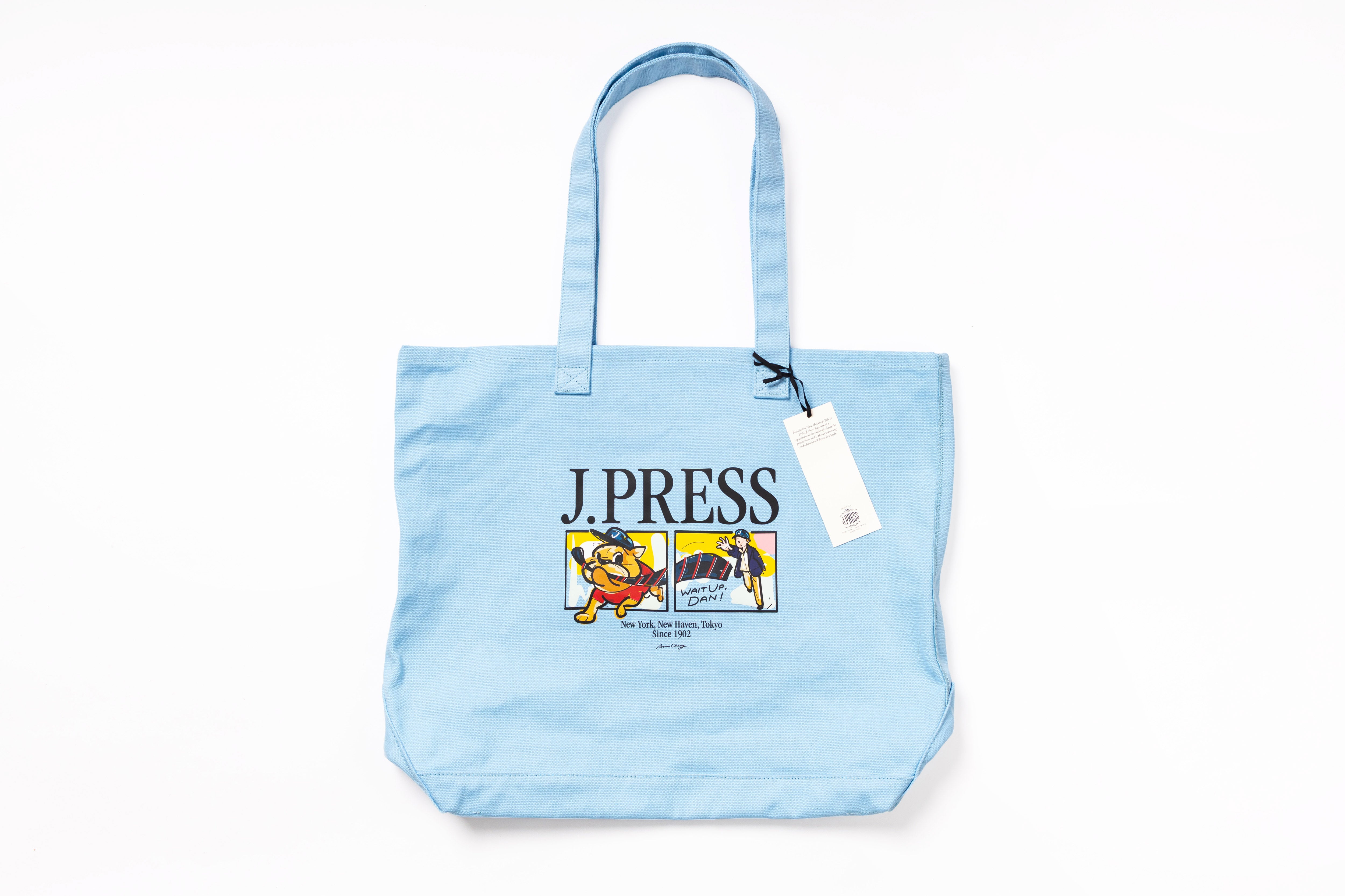 Light blue tote bag with 'J.PRESS' branding on a white background