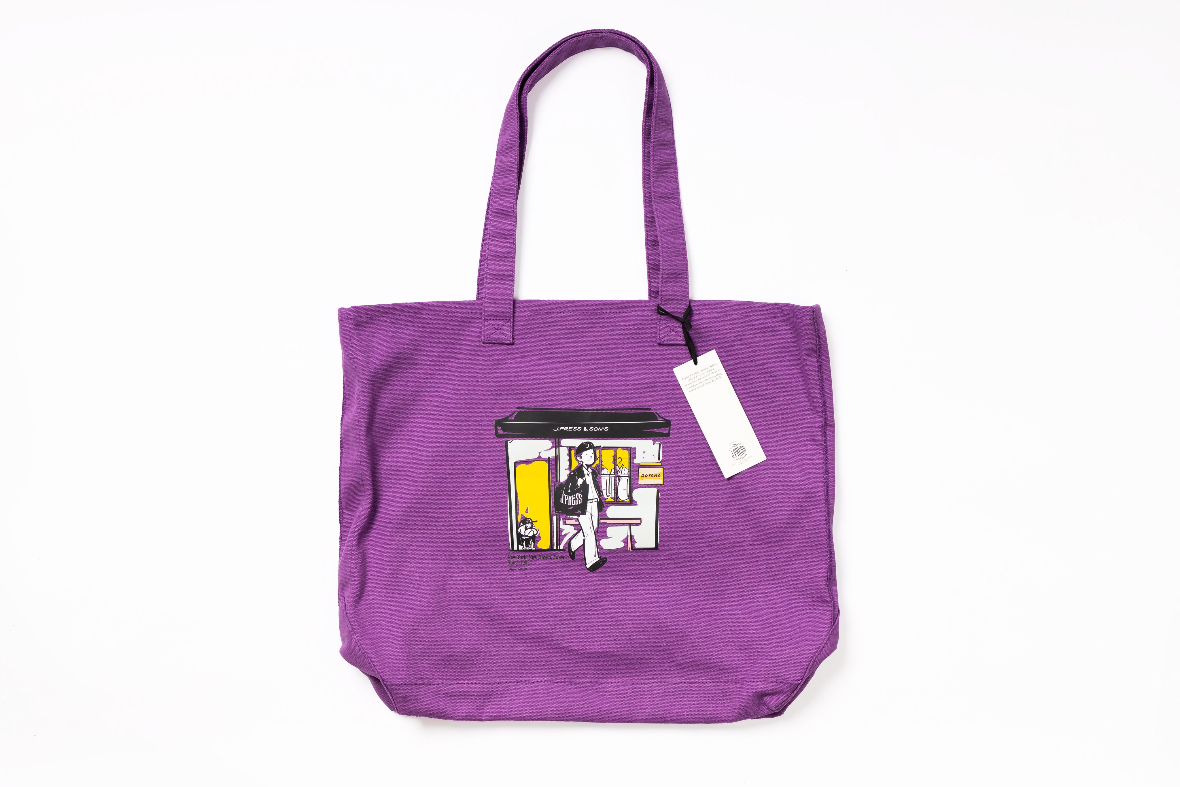 Purple tote bag with a graphic design on a white background