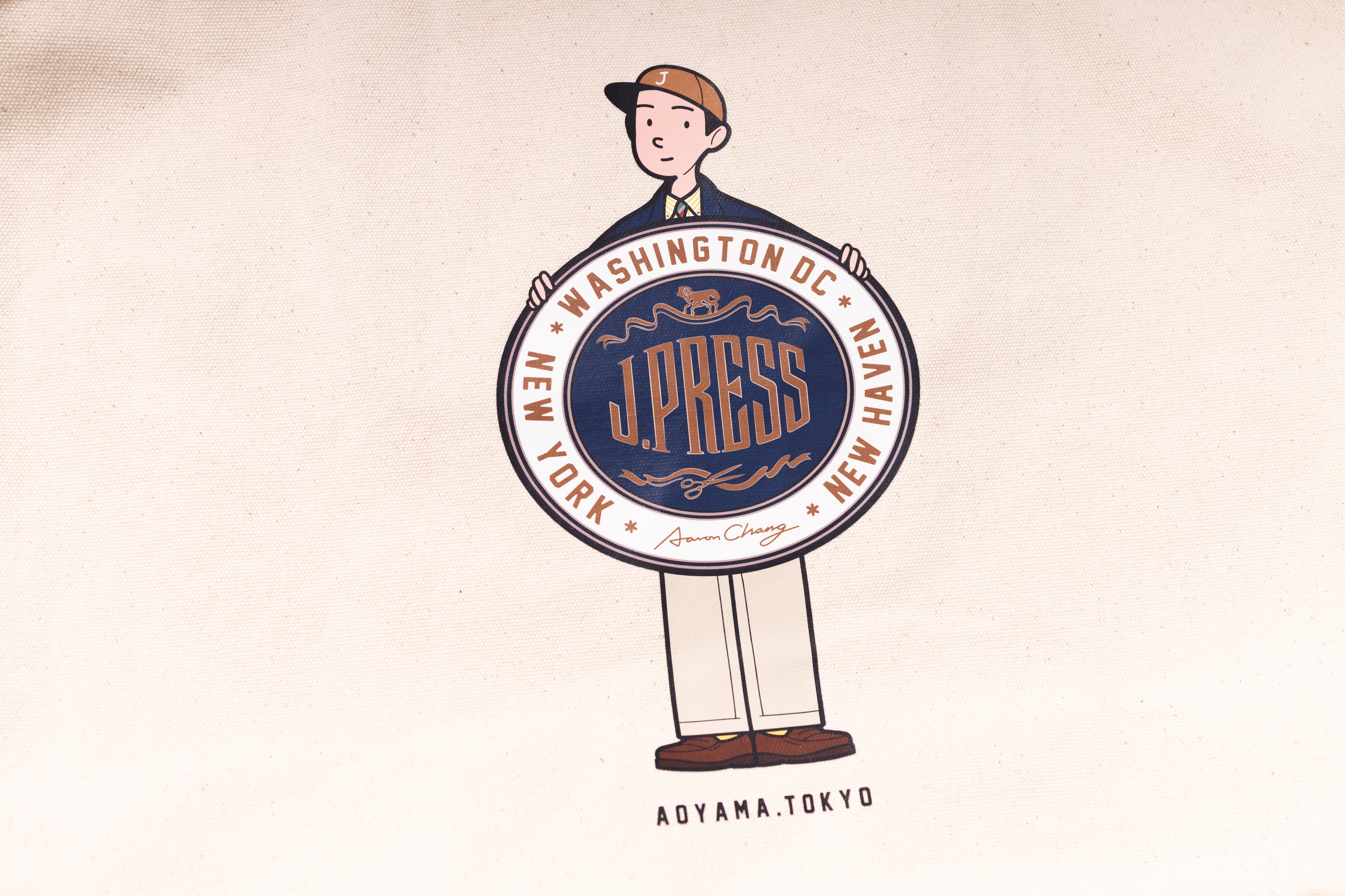 Illustration of a person holding a circular sign with text on a beige background