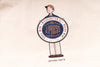 Illustration of a person holding a circular sign with text on a beige background