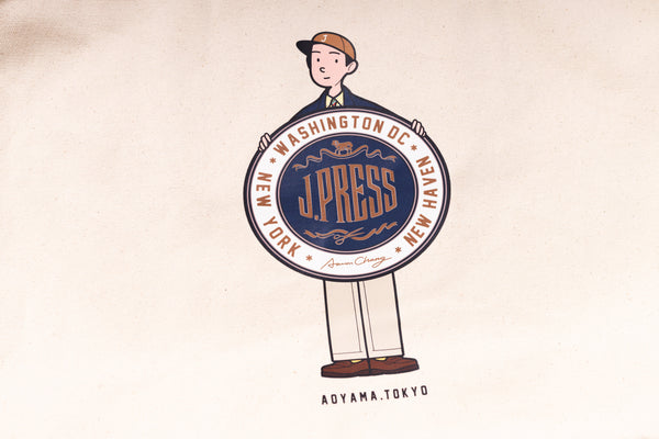 Illustration of a person holding a circular sign with text on a beige background