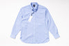 Light blue checkered shirt with a tag on a white background