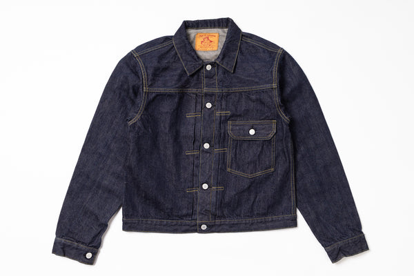 Dark blue denim jacket on a white background