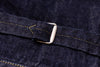 Close-up of a denim belt with a buckle on a dark denim background