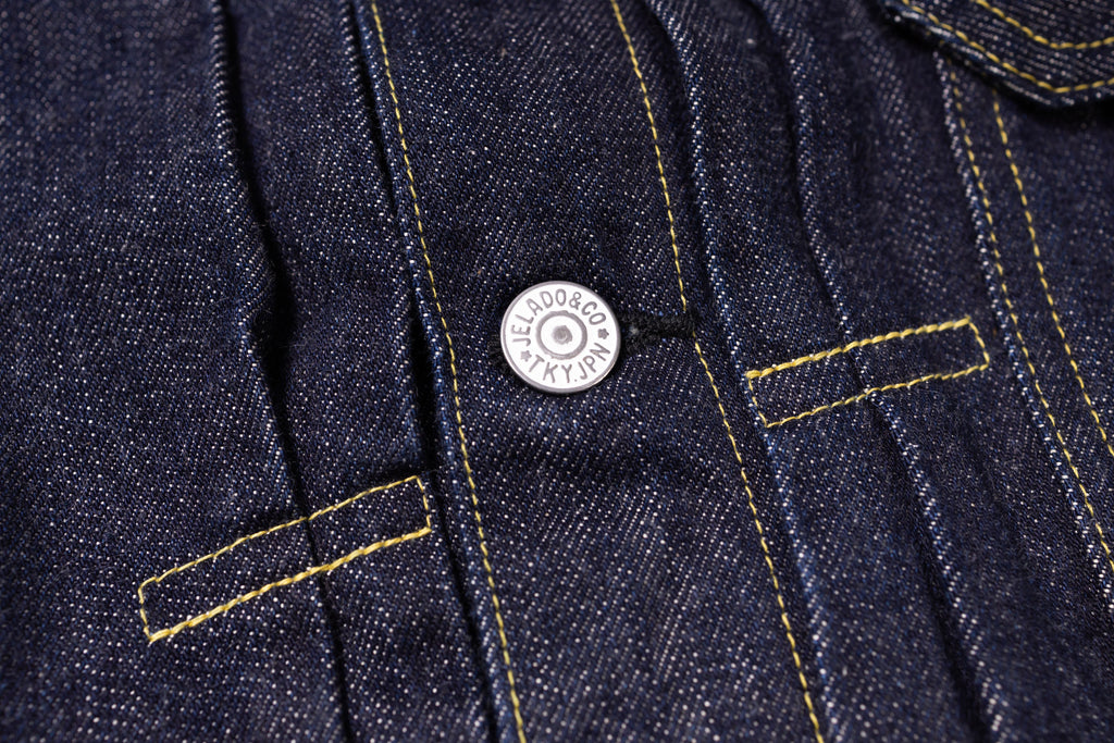 Close-up of a button on a denim jacket