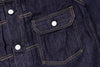 Close-up of a dark blue denim jacket with button details