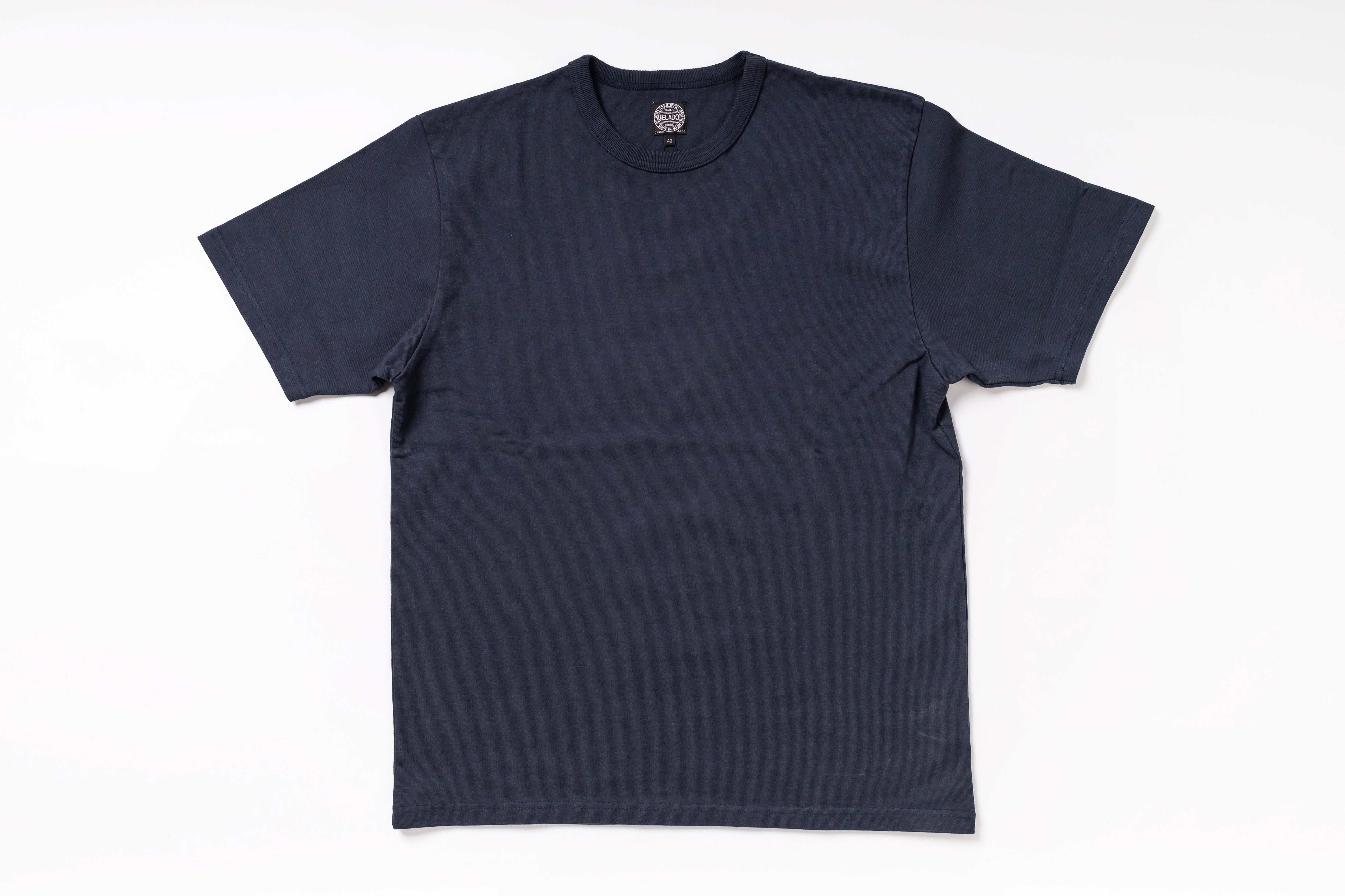 A dark navy blue short-sleeve crewneck t-shirt laid flat against a clean white background.