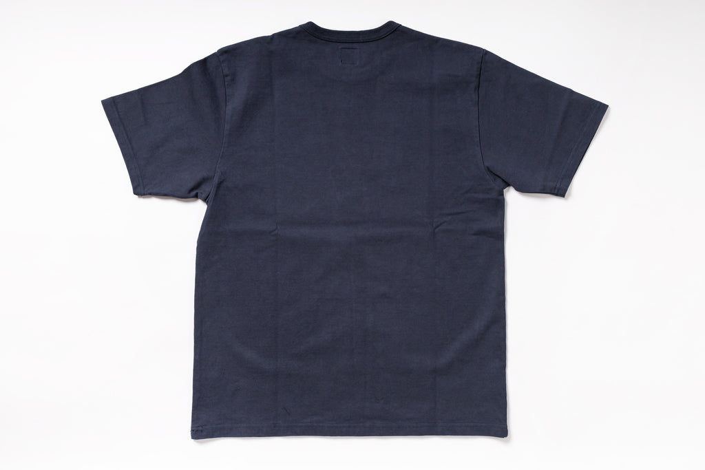 A dark navy blue short-sleeve t-shirt shown from the back, laid flat on a clean white background.
