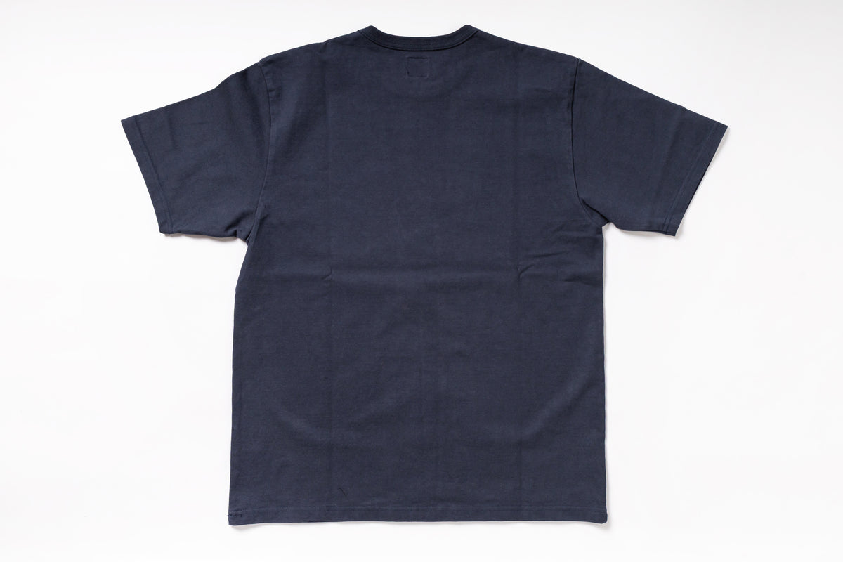 A dark navy blue short-sleeve t-shirt shown from the back, laid flat on a clean white background.