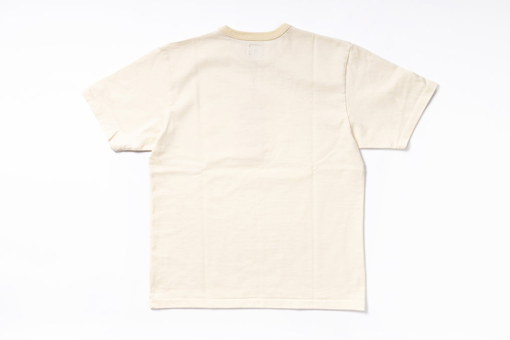 The back view of a short-sleeve crewneck t-shirt in a light cream or off-white color, laid flat on a white background.