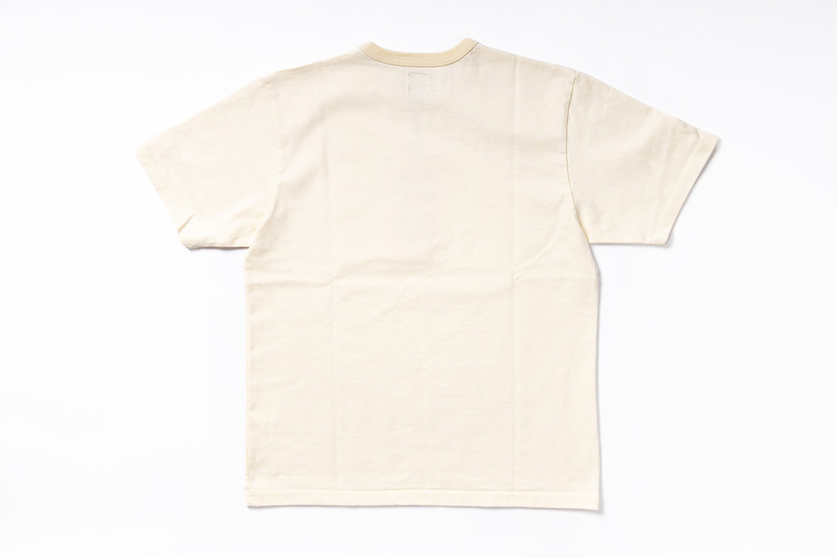 The back view of a short-sleeve crewneck t-shirt in a light cream or off-white color, laid flat on a white background.