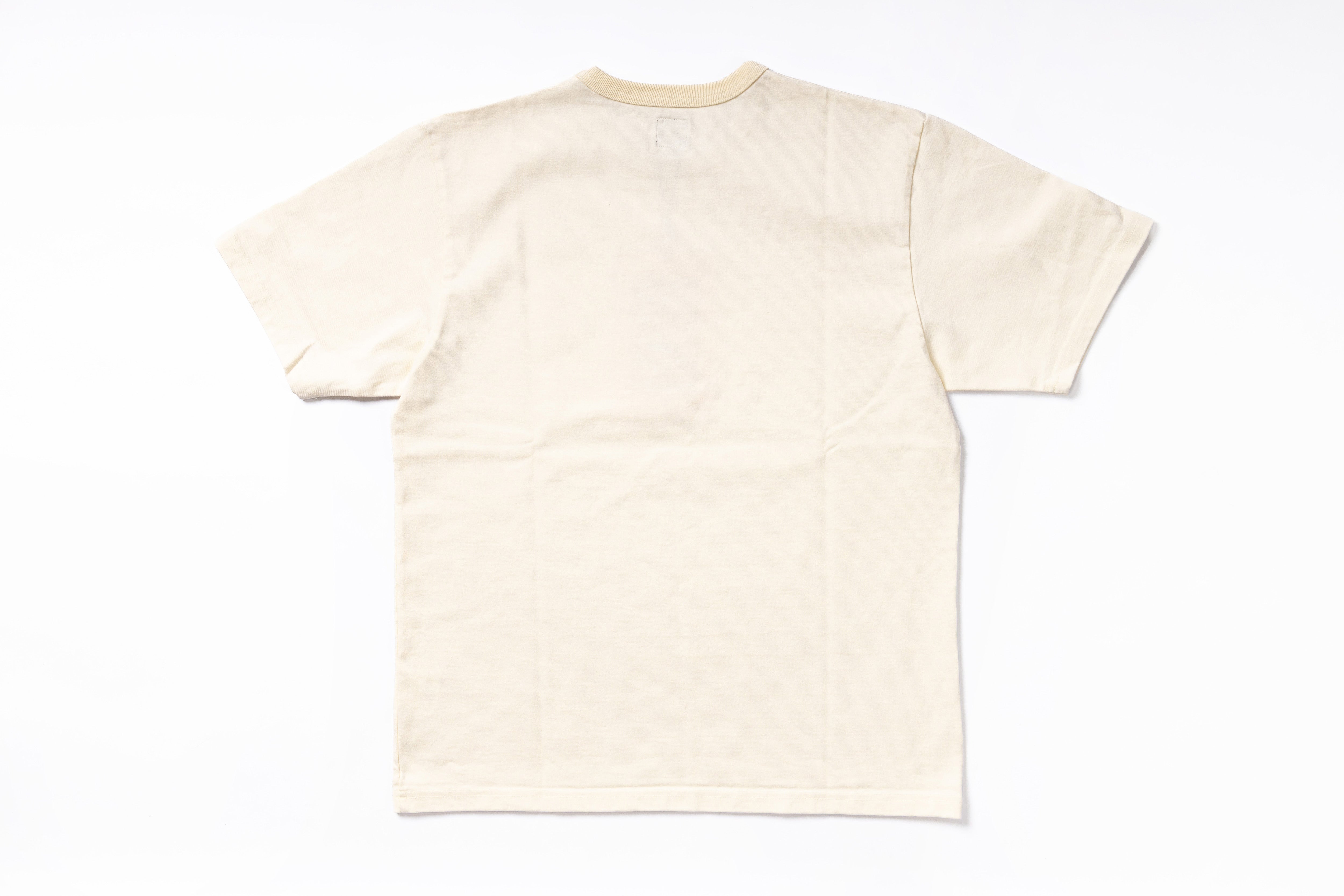 The back view of a short-sleeve crewneck t-shirt in a light cream or off-white color, laid flat on a white background.