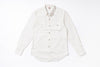 An off-white long-sleeve button-down shirt with two chest flap pockets, laid flat on a white background.