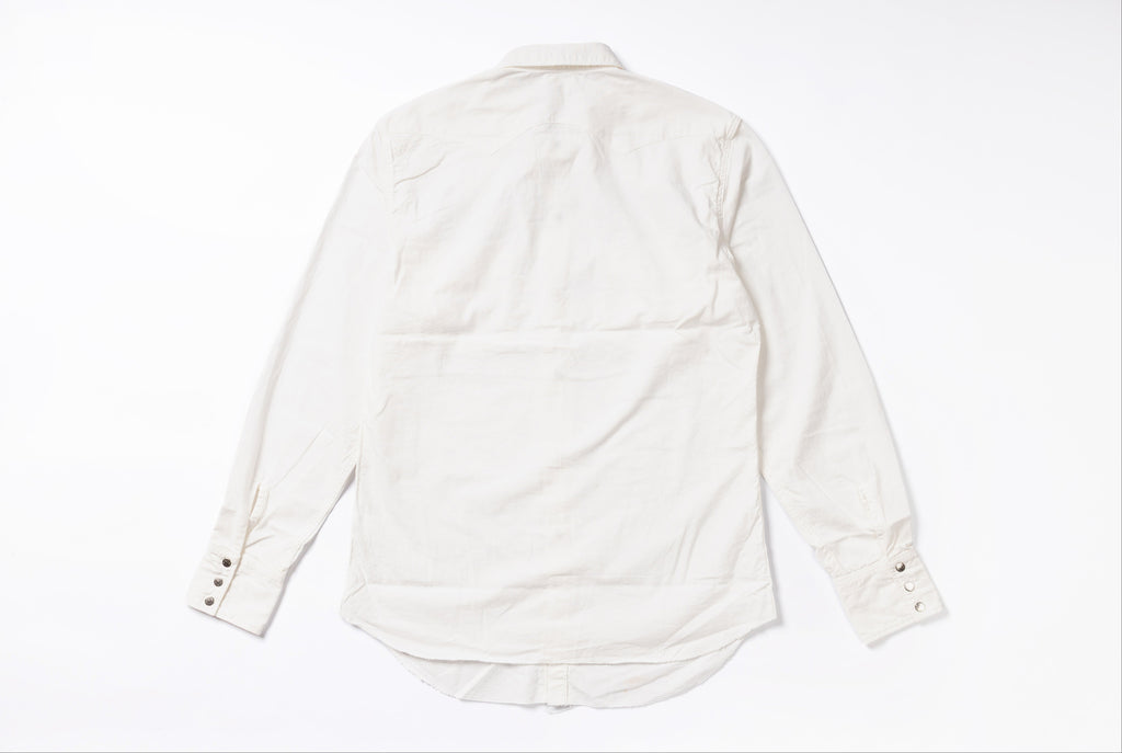 An off-white long-sleeve button-down shirt shown from the back, laid flat on a clean white background.