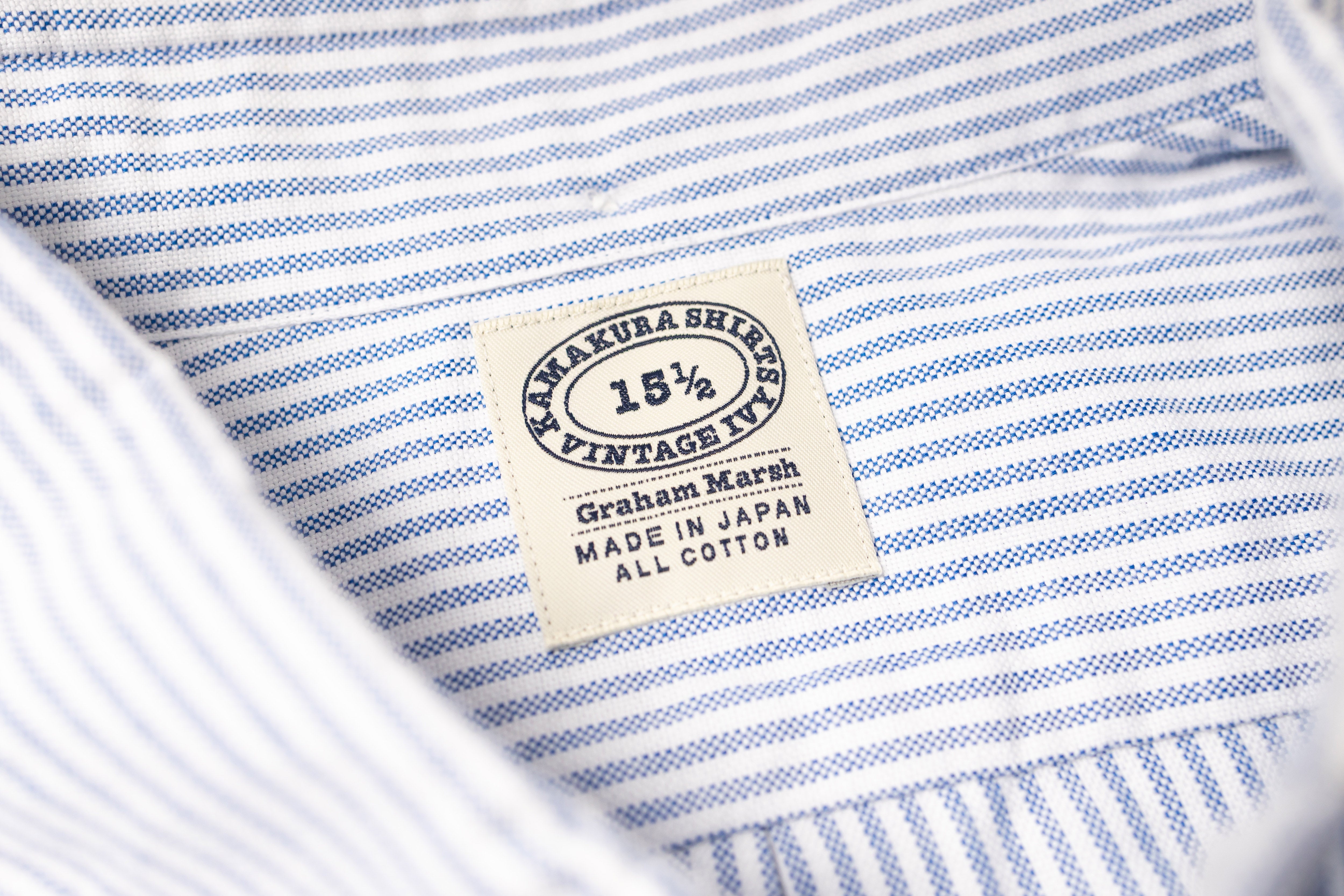 Close-up of a striped fabric with a label on a white background