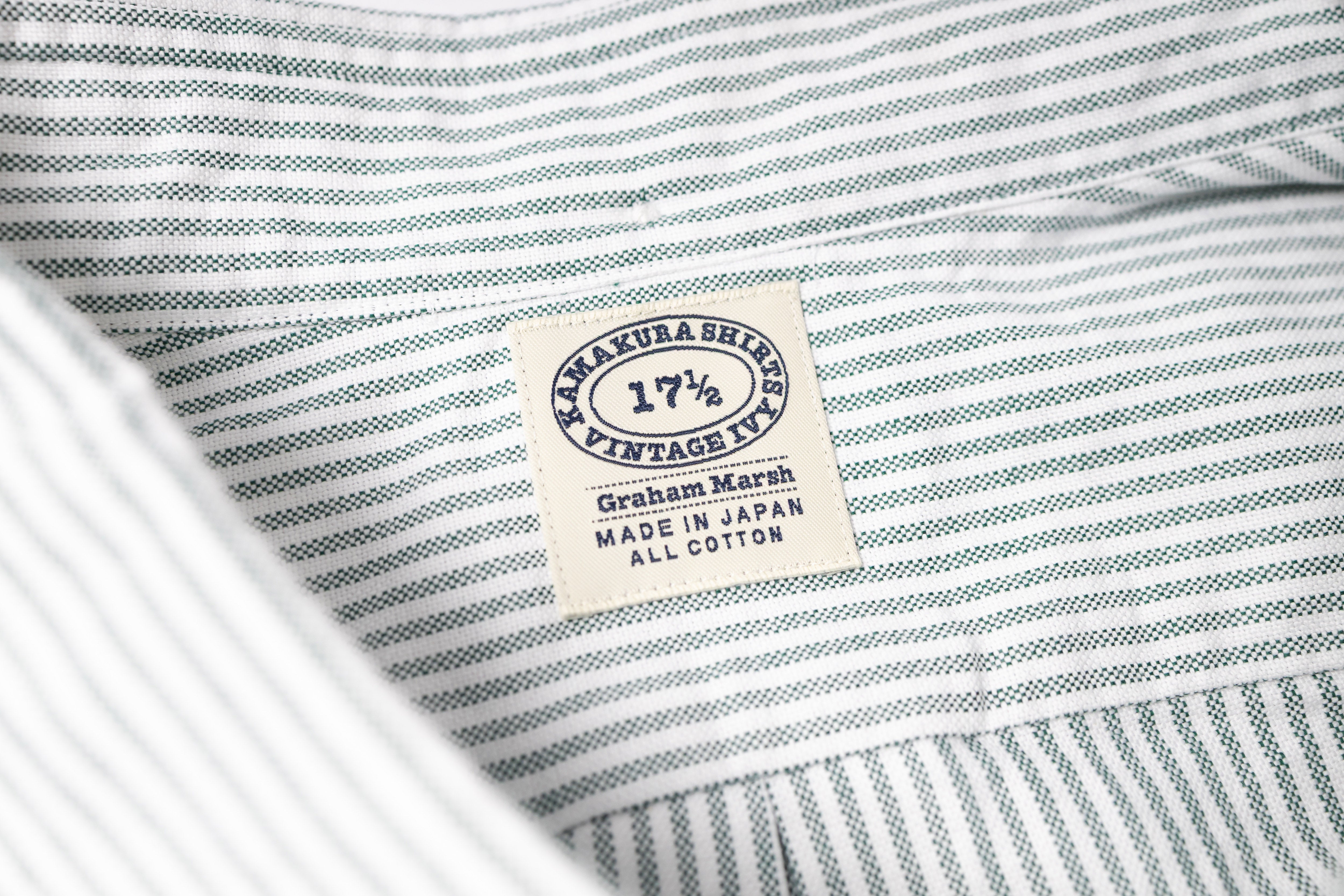 Close-up of a striped fabric with a label on a white background