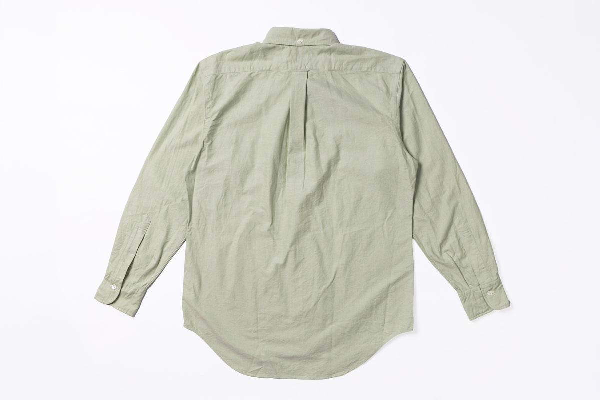 A light sage green long-sleeve button-up shirt shown from the back, laid flat on a white background.