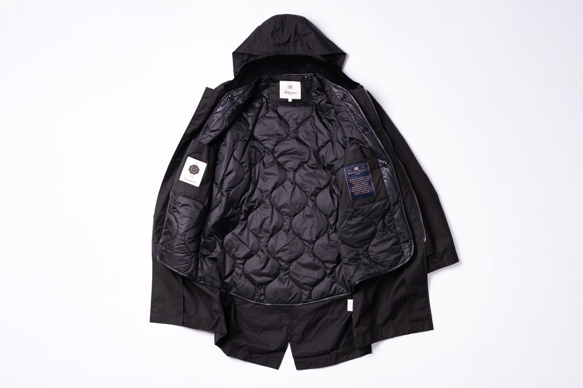 A black hooded jacket with a heavily padded quilted black interior lining, laid flat against a clean white background.