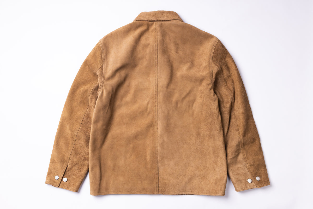 A tan suede jacket shown from the back, laid flat against a clean white background.