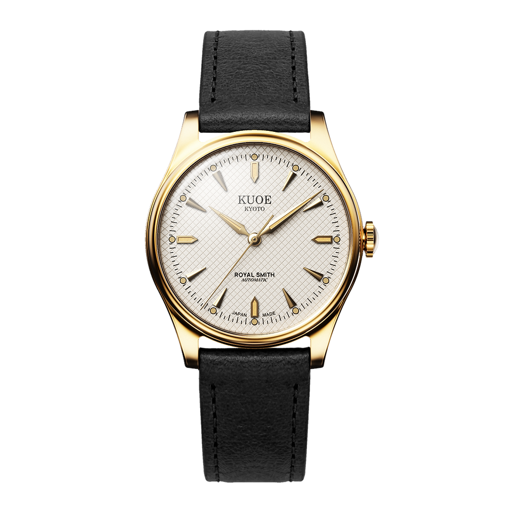 A vintage-style wristwatch with a gold-tone case, a textured white dial with gold-tone hour markers and hands, and a black leather strap, shown on a plain white background.