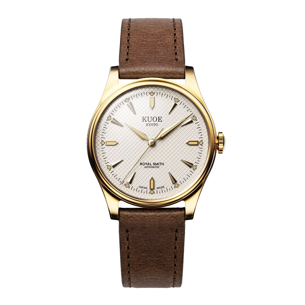 A Kuob Swiss Royal Smith wristwatch with a gold-tone case, textured white dial, and brown leather strap, shown against a plain white background.