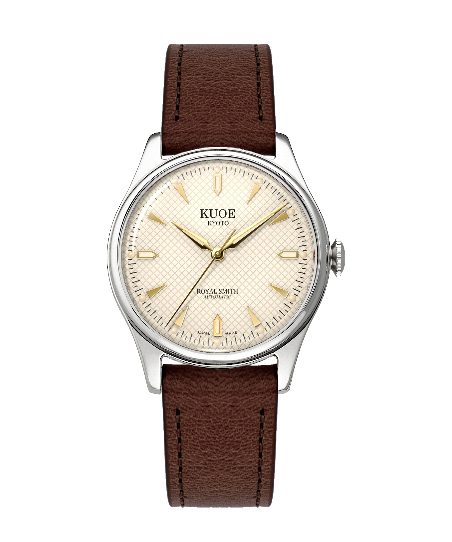 A silver-toned KUOE watch with a white ivory dial and a brown leather band.