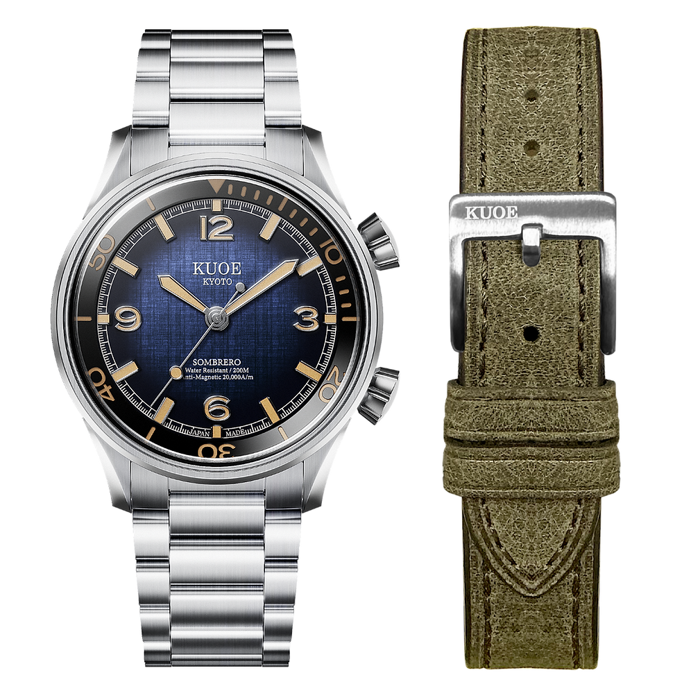 A stainless steel wristwatch with a blue sunburst dial and gold-tone markers, shown next to an olive green textured strap with a silver buckle. The brand name KUOE is visible on the watch dial and buckle.