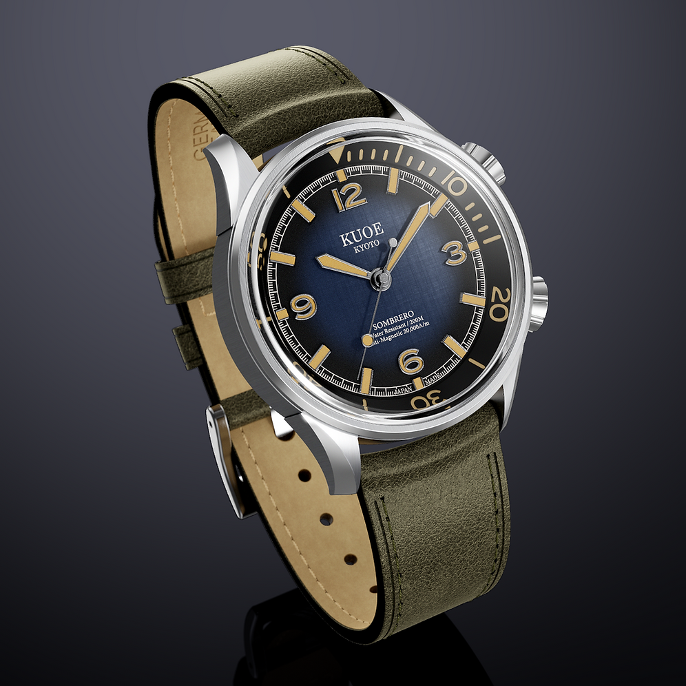 A Kuoe wristwatch with a silver-toned stainless steel case, a dark blue dial with gold-tone numerals and hands, and an olive green leather strap, shown on a dark reflective background.