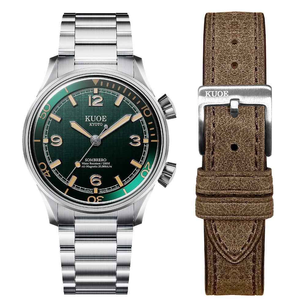 KUOE - Sombrero 90-011 Green Linen Textured Dial with Flat-Link Bracelet-1