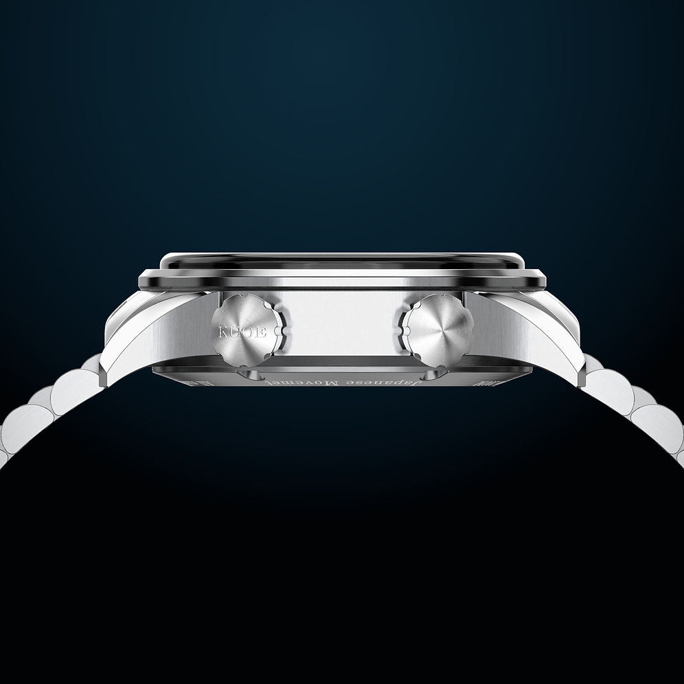 Close-up rear view of a silver stainless steel smartwatch with a matching metal link band, showing the crown and pushers, set against a dark navy blue gradient background.